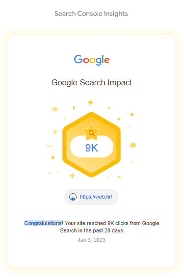 Google Search Console Insights showing 9K clicks for web.hr in 28 days